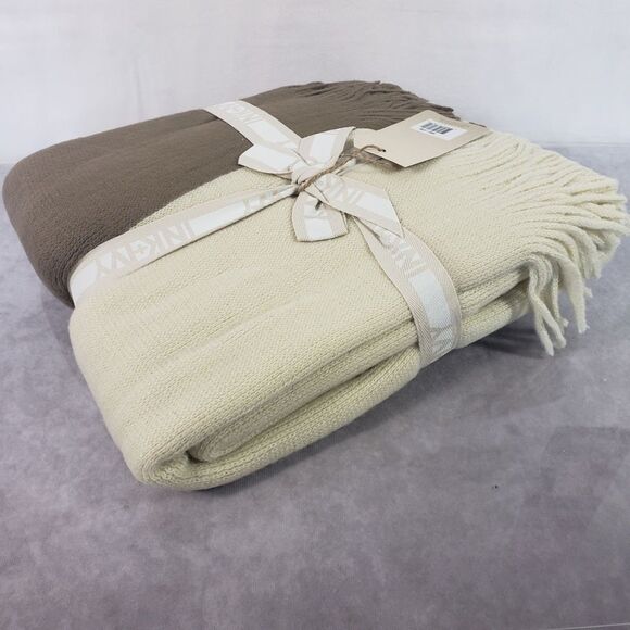 INKIVY Stockholm Throw Blanket Color Block Taupe Fringe Cozy 50 x 60 - Picture 3 of 5